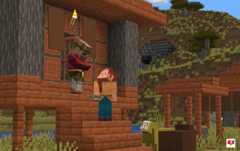 A Minecraft village with a Cartographer Villager, sheep spawning in a grassy biome, and new trade options from the latest Minecraft Snapshot 25W07A update.